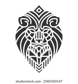 Symmetrical Lion Head Tribal Illustration. Intricate black and white geometric lion head design featuring tribal patterns, symmetrical lines, and bold abstract elements.