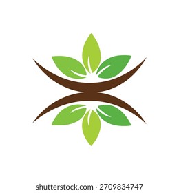 A symmetrical logo design featuring a brown branch with green leaves, symbolizing nature, growth, and balance.