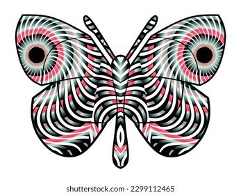 The symmetrical logo in the shape of a butterfly has dynamic gradient line art in a luxurious pattern colour