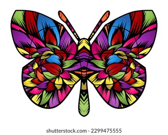 The symmetrical logo in the shape of a butterfly has dynamic gradient line art in a luxurious pattern colour