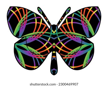The symmetrical logo in the shape of a butterfly has dynamic gradient line art in a luxurious pattern colour