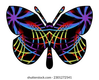 The symmetrical logo in the shape of a butterfly has dynamic gradient line art in a luxurious pattern colour