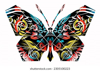 The symmetrical logo in the shape of a butterfly has dynamic gradient colourful line art in a luxurious pattern colour 