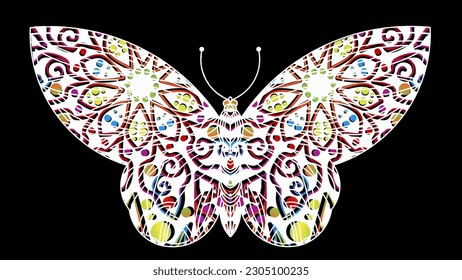 The symmetrical logo in the shape of a butterfly has dynamic gradient colourful line art in a luxurious pattern colour 