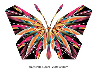 The symmetrical logo in the shape of a butterfly has dynamic gradient colourful line art in a luxurious pattern colour 