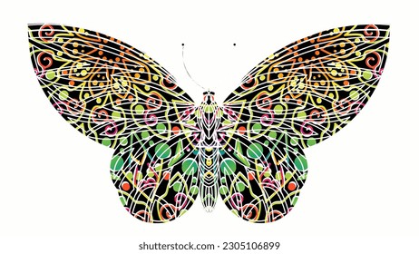 The symmetrical logo in the shape of a butterfly has dynamic gradient colourful line art in a luxurious pattern colour 