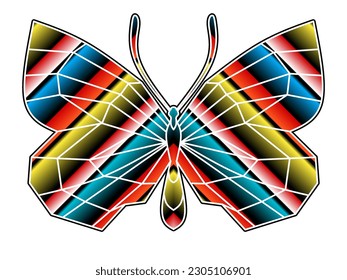 The symmetrical logo in the shape of a butterfly has dynamic gradient colourful line art in a luxurious pattern colour 
