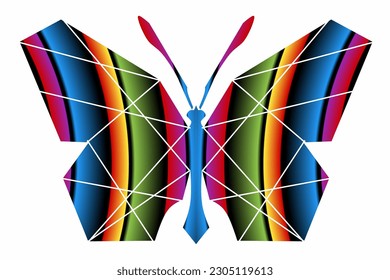 The symmetrical logo in the shape of a butterfly has dynamic gradient colourful line art in a luxurious pattern colour 