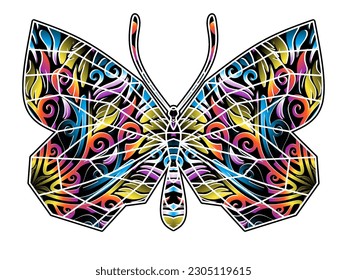 The symmetrical logo in the shape of a butterfly has dynamic gradient colourful line art in a luxurious pattern colour 