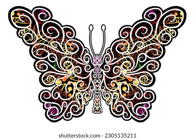 The symmetrical logo in the shape of a butterfly has dynamic gradient colourful line art in a luxurious pattern colour 