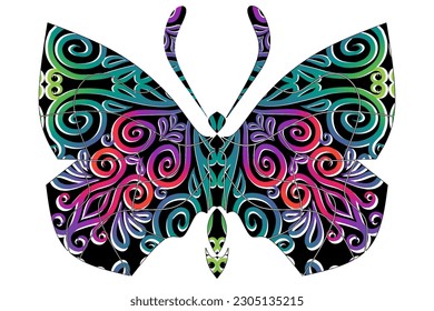 The symmetrical logo in the shape of a butterfly has dynamic gradient colourful line art in a luxurious pattern colour 