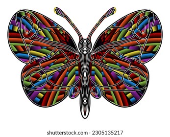 El logotipo simétrico en forma de mariposa tiene un degradado dinámico de líneas coloridas en un lujoso color de patrón 