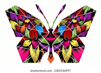 El logotipo simétrico en forma de mariposa tiene un degradado dinámico de líneas coloridas en un lujoso color de patrón 