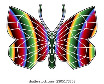 El logotipo simétrico en forma de mariposa tiene un degradado dinámico de líneas coloridas en un lujoso color de patrón 