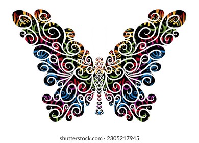 The symmetrical logo in the shape of a butterfly has dynamic gradient colourful line art in a luxurious pattern colour 