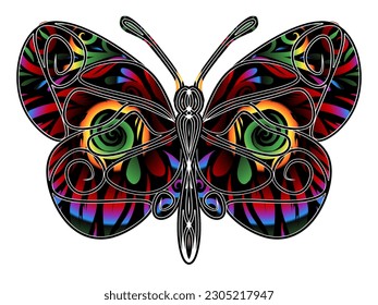 The symmetrical logo in the shape of a butterfly has dynamic gradient colourful line art in a luxurious pattern colour 