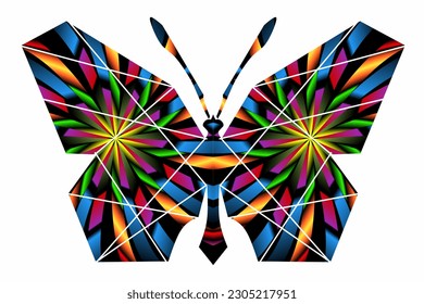 The symmetrical logo in the shape of a butterfly has dynamic gradient colourful line art in a luxurious pattern colour 