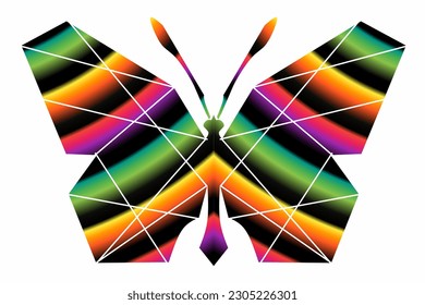 The symmetrical logo in the shape of a butterfly has dynamic gradient colourful line art in a luxurious pattern colour 