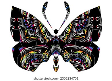 The symmetrical logo in the shape of a butterfly has dynamic gradient colourful line art in a luxurious pattern colour 