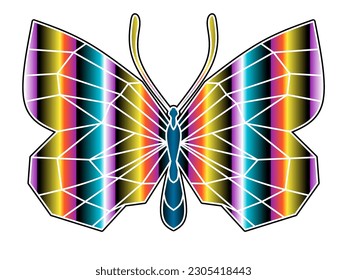 The symmetrical logo in the shape of a butterfly has dynamic gradient colourful line art in a luxurious pattern colour 