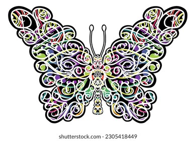 El logotipo simétrico en forma de mariposa tiene un degradado dinámico de líneas coloridas en un lujoso color de patrón 