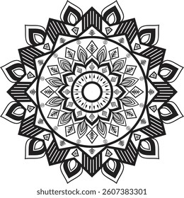 A symmetrical mandala with bold petal arrangements and intricate center design, suitable for high-impact artwork and spiritual branding.