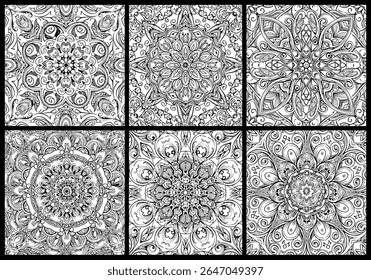 Symmetrical Mandala Compilation Intricate and Detailed Designs Black and White Ornamental Patterns Calming Art Therapy