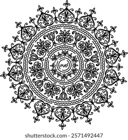 A symmetrical mandala design, featuring detailed floral and geometric patterns radiating outward from a central point.