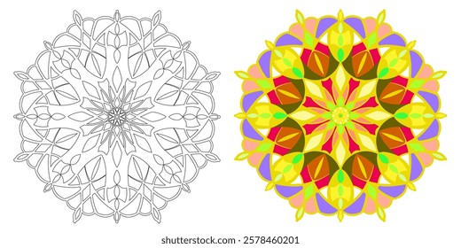  Symmetrical mandala design presented in two versions: a black-and-white outline for coloring and a fully colored version with intricate patterns, for coloring activities, relaxation, mindfulness