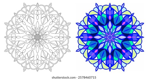  Symmetrical mandala design presented in two versions: a black-and-white outline for coloring and a fully colored version with intricate patterns, for coloring activities, relaxation, mindfulness