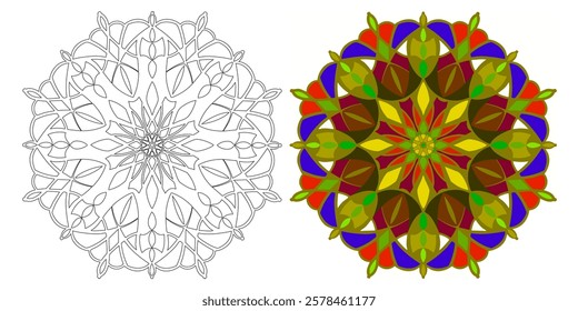  Symmetrical mandala design presented in two versions: a black-and-white outline for coloring and a fully colored version with intricate patterns, for coloring activities, relaxation, mindfulness