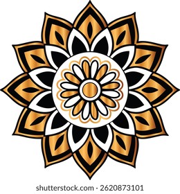 A symmetrical mandala featuring gold, black, and white petal patterns radiating from a central floral design.