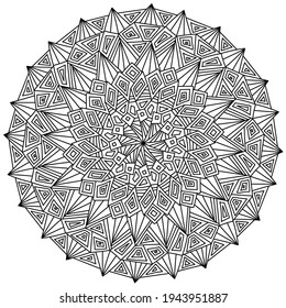 Symmetrical mandala with geometric elements and triangular petals, coloring page in the shape of a circle with simple linear weaves vector illustration