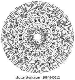 Symmetrical mandala with hearts and curls, anti stress coloring page with ornate patterns for Valentine's day illustration