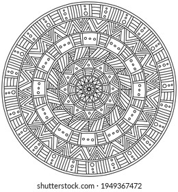 Mandala simétrica con patrones lineales, página de coloración meditativa en forma de ilustración de vector de círculo