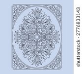 Symmetrical mandala pattern, floral motifs, decorative border, intricate design, coloring page.