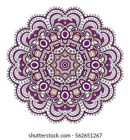 Symmetrical mandala with violet elements. Contour kaleidoscopic image.