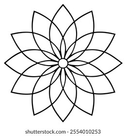 A symmetrical mandala-style floral design with overlapping petals radiating from a central circle, ideal for decorative, artistic, or design applications