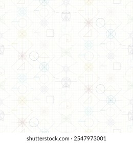 Symmetrical mathematical seamless pattern on lined checkered paper sheet from regular geometric figures of monograms and lines. Geometric vector ornament isolated on white background