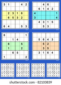Symmetrical Mini sudoku vector set. Reflective. Very easy and easy. 16, 16, 12, 12 clues.