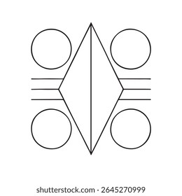 Design geométrico minimalista simétrico com diamante, círculos e elementos de linha