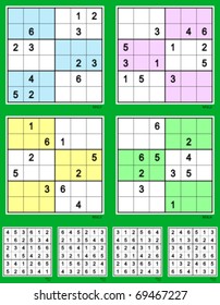 Symmetrical Mini-Sudoku vector set. 12, 12, 10, 10 clues. Easy & hard.