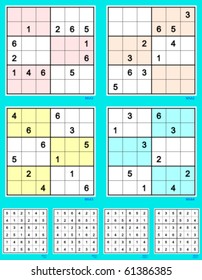 Symmetrical Mini-Sudoku vector set.  Easy & Medium. 12, 10, 12, 10 clues.
