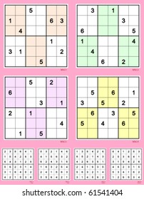 Symmetrical Mini-Sudoku vector set.  Easy & Medium. 10, 10, 10, 12 clues.