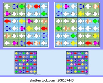 Symmetrical mini-sudoku vector set. Very easy and easy.