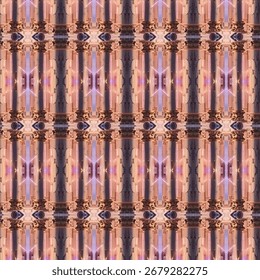 Padrão simétrico espelhado arquitetônico com tons quentes, geometria abstrata e efeito caleidoscópio criando texturas modernas decorativas inspiradas em edifícios.
