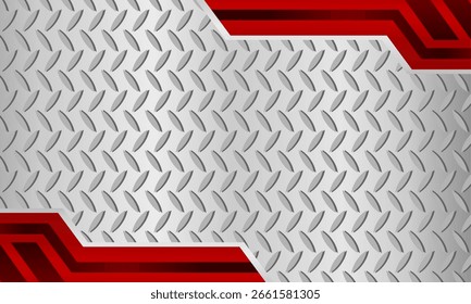Fondo metálico moderno simétrico con detalles de rayas rojas y patrón de acero texturizado.