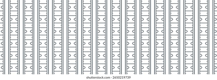 Symmetrical modern pattern with ruler-like elements and eye motifs arranged in vertical repetition. Great for textiles, wallpapers, or stylish digital backgrounds.