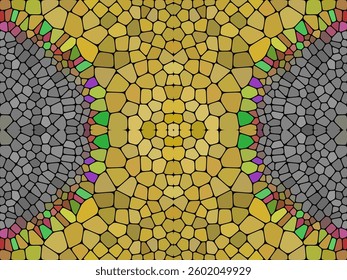 A symmetrical mosaic pattern with golden, gray, and multicolored tiles, resembling stained glass with intricate geometric shapes and a warm, artistic design.

