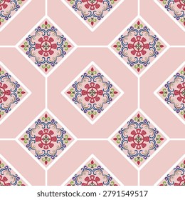 Symmetrical motif damask design pattern in pink and blue colors. Vector texture in flat style. Can be used for tiles, ceramic pottery, wallpapers, textiles, and home decoration.